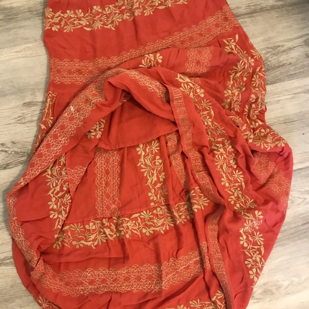 Hale Bob Regan Maxi Skirt Embroidered Rayon Crinkle Gauze Sz. Small Coral & Gold - Picture 14 of 14